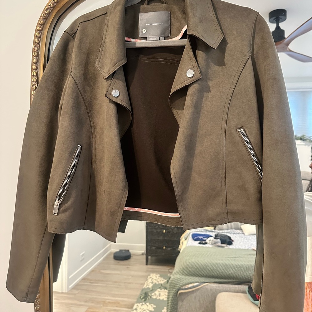 Anthropologie Kelyn Moto Olive Suede Jacket - S